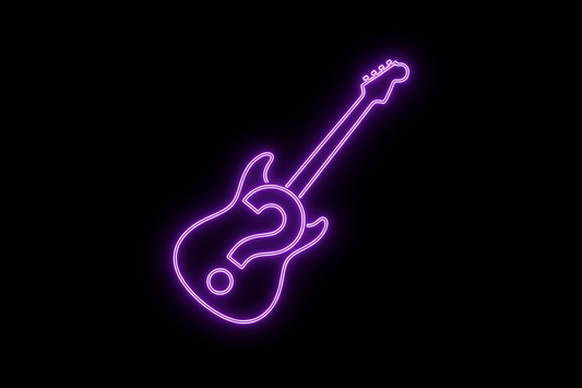 A radiant purple outline of a guitar with a question mark on a black background